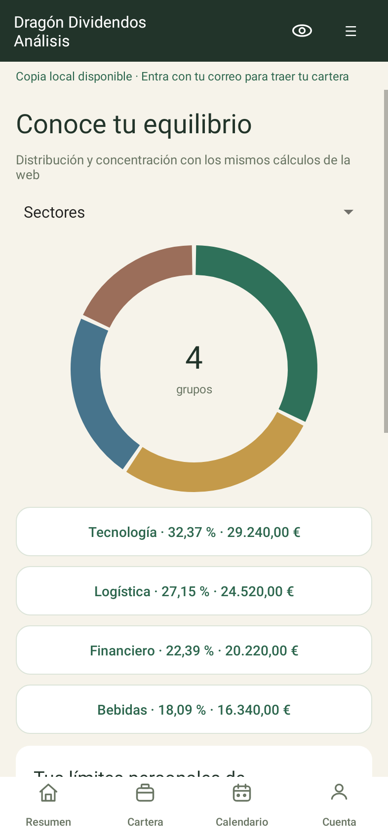 Distribución por sectores en Android
