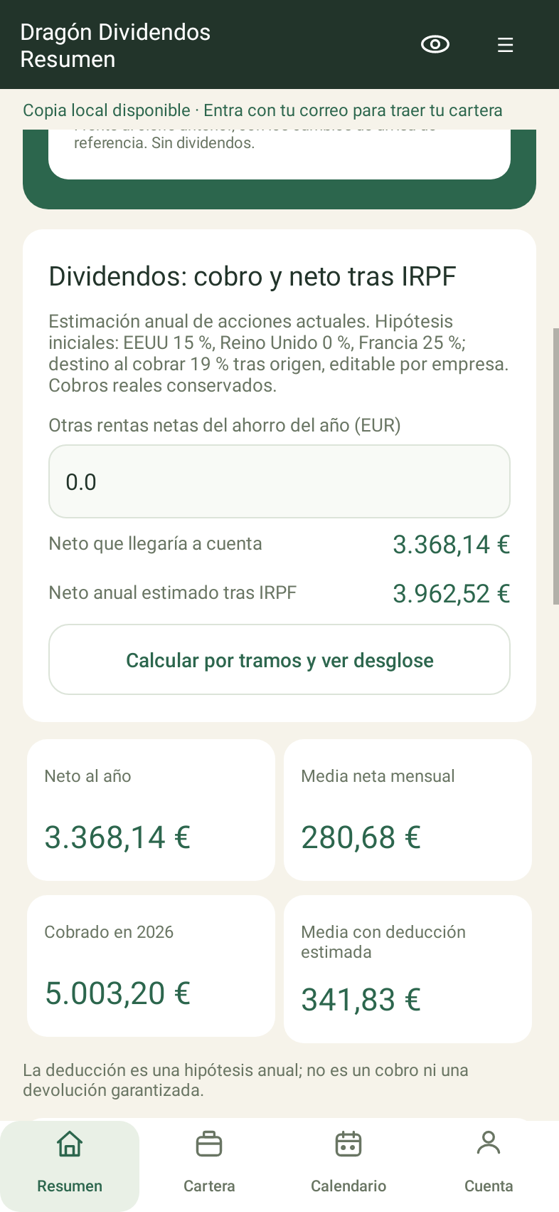 Gráfico nativo de dividendos mensuales