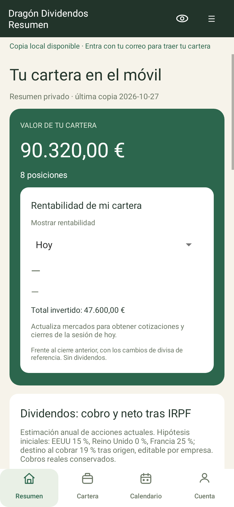 Resumen de cartera Android con datos ficticios