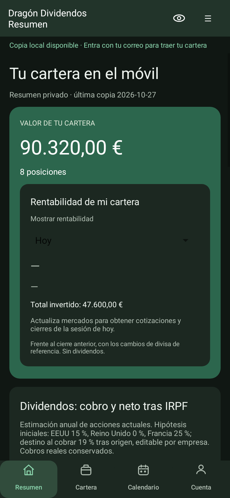 Vista del tema oscuro con datos ficticios